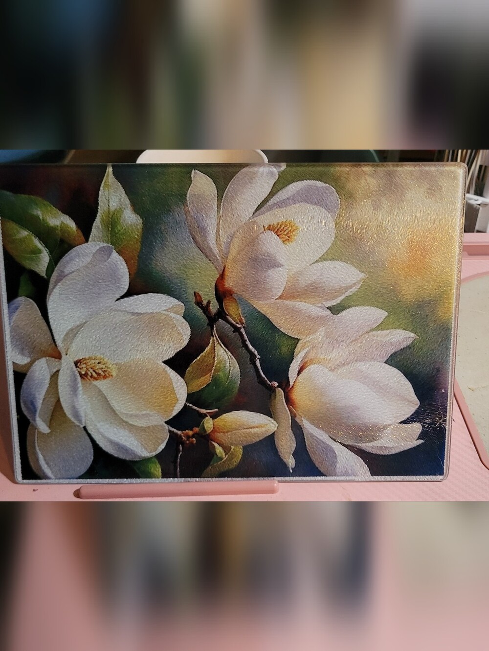 White Magnolia Floral Glass Cutting Board. 8.5 X11